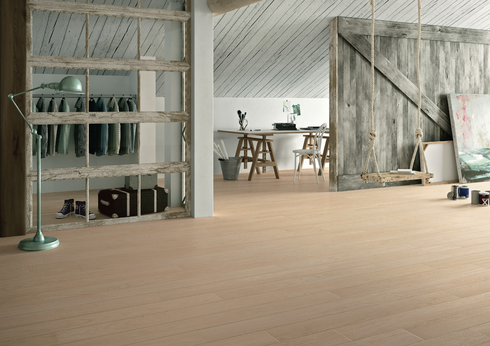 Wood-look porcelain stoneware floor with shabby-chic decorations, Blustyle Arborea collection