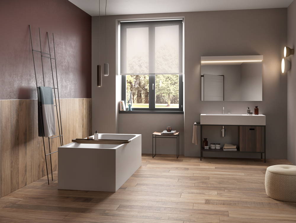 Wood-look porcelain stoneware flooring and cladding for a shabby-chic bathroom, Blustyle Country collection