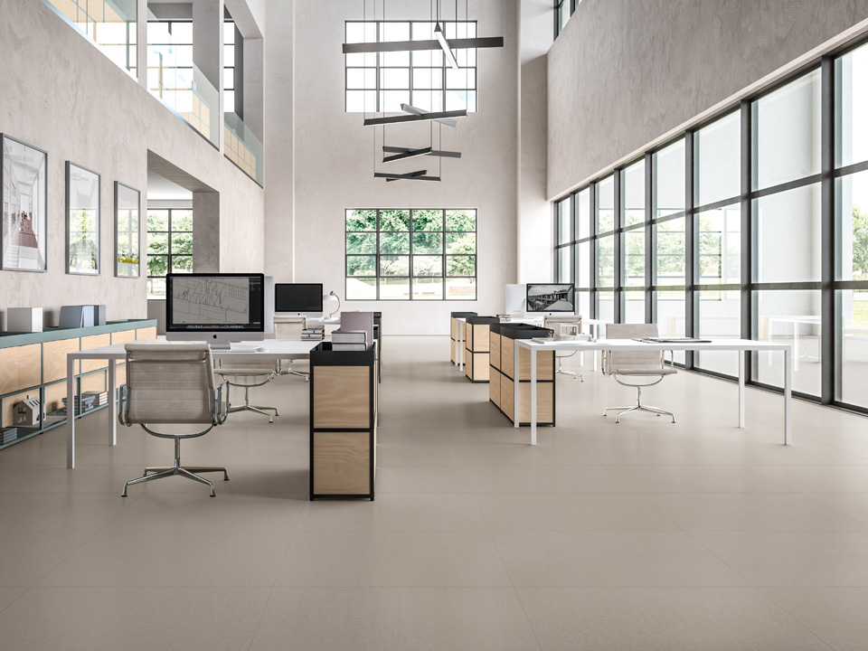 Contemporary-style grey stoneware floor for an office, Blustyle Blutech collection