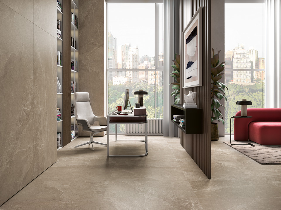 Large stone-look stoneware slabs for flooring in an elegant office, Blustyle Advantage collection