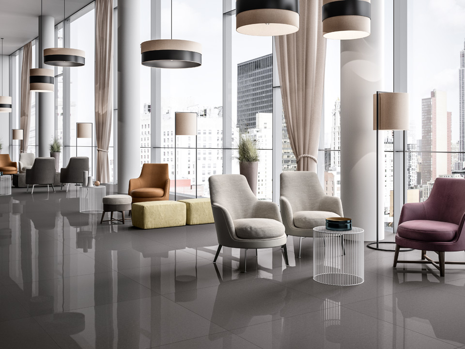 Anthracite-grey porcelain stoneware floor for a modern office, Blustyle Blutech collection