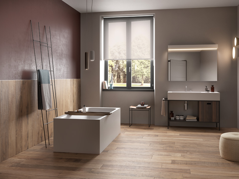 Wood-effect porcelain tile flooring and wall tiles for small bathrooms | Blustyle Country Collection