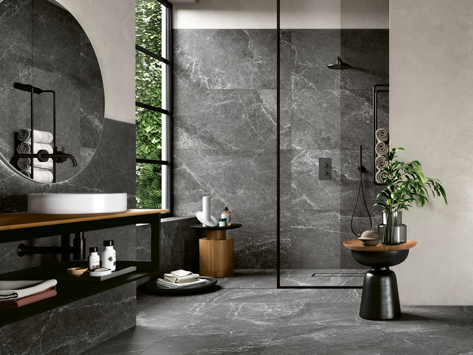 Stone-effect porcelain tile flooring and wall tiles for small bathrooms | Blustyle Advantage Collection