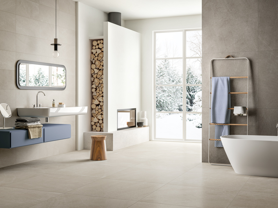 Beige stone-effect porcelain tile flooring and wall tiles for small bathrooms | Blustyle Yosemite Collection